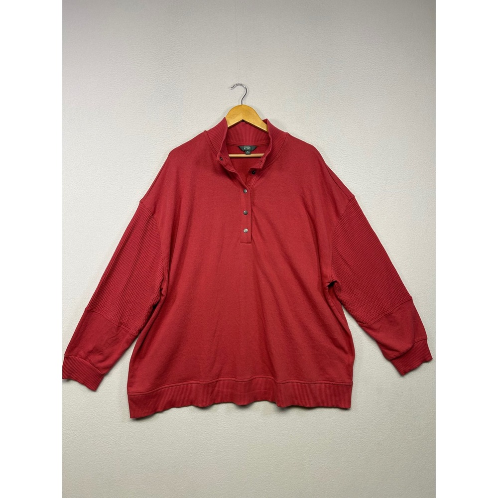 Casual Cozy Terra & Sky Womens 3X Red Waffle Knit Sleeve Quarter Snap Pullover